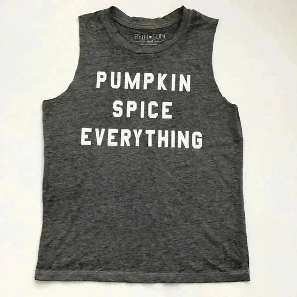 Fifth Sun Pumpkin Spice Gray White Spellout Sleeveless Muscle Tee Size S - Picture 3 of 5